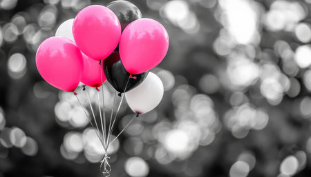 Festive Pink and Black Balloons Against a Dreamy Bokeh Background, Perfect for Celebrationsの素材