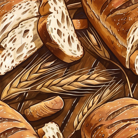 Seamless Pattern, Whole Wheat Artisan Bread Loaves, Slices, Wheat Stalks on Rustic Wooden Backgroundの素材