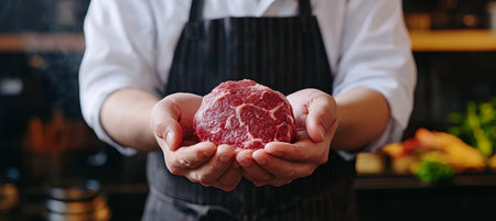Chef Holding Raw, Juicy Steak in Hands, Ready for Cooking., Food, Preparation, Restaurantの素材