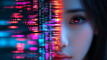 Young Woman Immersed in Streaming Data, Digital Code Rain, Cyber Technology Conceptの素材