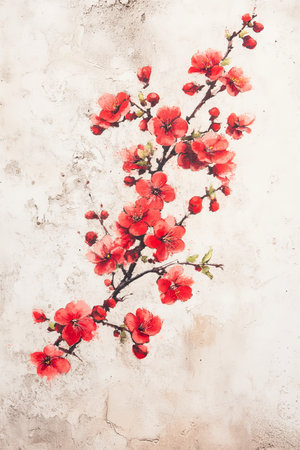 Red Flowers on Grey Background, Floral Illustration, Chinese Style Painting, Vintage Design Elementの素材