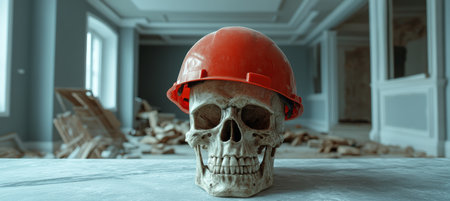 Human Skull with Red Hard Hat Amidst Construction Debris A Stark Reminder of Workplace Dangersの素材