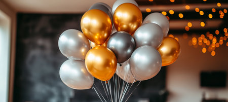 Metallic Gold, Silver, And Charcoal Balloons On String In Front Of Blurry Background with Bokeh,の素材
