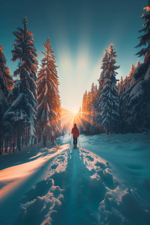 Winter Wonderland, A Lone Skier Explores the Snowy Forest Beneath a Breathtaking Sunsetの素材