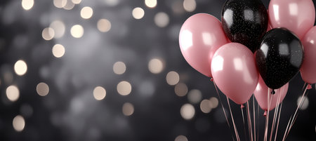 Pink And Black Balloons On Dark For Birthday Party Celebration Events Banner Background.の素材