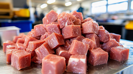 Fresh, Chopped Cubes of Raw Red Meat A Culinary Background for Stew, Recipes, and the Meat Industryの素材