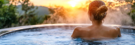 Blonde Woman Enjoys a Relaxing Soak in Infinity Hot Tub with Scenic Mountain Sunset Viewの素材