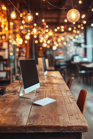 Warm  inviting Cozy workspace in a trendy cafe with natural wood accents  soft, ambient lighting.の素材
