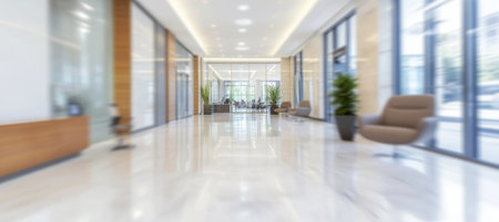 Abstract blurred image of a modern, open-plan corporate office emphasizing symmetry and light.の素材