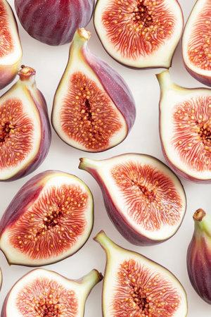 Ripe Fig Bounty A Delectable Display of Fresh, Halved Purple Figs on White Background.の素材