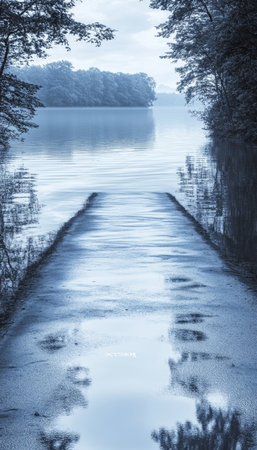 Serene Blue Hour on the Lake with a Wooden Pier, Misty Morning Landscape Reflecting on Wet Woodの素材