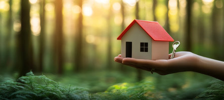 Hand Holding Miniature House with Key in Lush Forest Setting Symbolizing Home Ownershipの素材