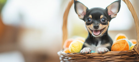 Cheerful Chihuahua Puppy in Wicker Basket with Vibrant Yarn Balls, Natural Light, Joyful Moodの素材