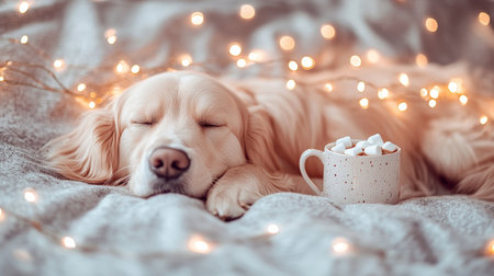Golden Retriever Napping With Marshmallow Hot Cocoa Under Twinkle Lights, Winter Pet Sceneの素材