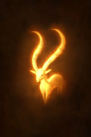 Glowing Golden Ram Majestic Silhouette on Dark Background, Fantasy Art, Digital Illustrationの素材