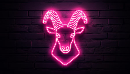 Neon Sign Of A Ram Head With Luminous Horns. A Striking Representation Of Power On A Textured Wall.の素材