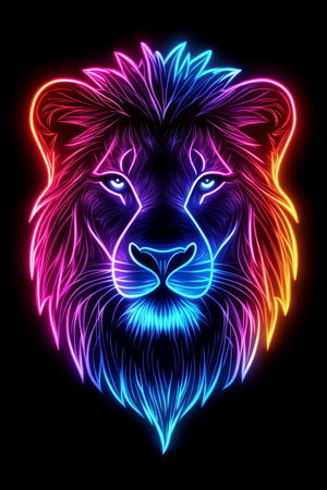 Colorful Neon Lion Head Abstract Artwork On Black Background, Generative AI Illustrationの素材