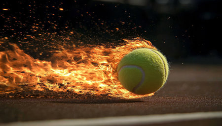 Fiery Tennis Ball in Motion An Intense Action Shot of a Tennis Ball Engulfed in Flamesの素材