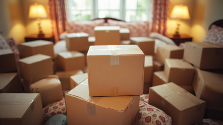 Moving Day Chaos Bedroom Overflowing with Cardboard Boxes, Concept of Relocation and New Beginningsの素材