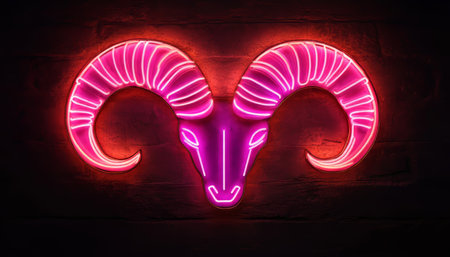 Neon Aries Vibrant Pink Ram Sign on Textured Background, Representing Astrology and Trendy Decorの素材