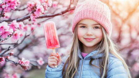 Girl with Pink Hat and Popsicle Enjoys Spring. Cherry Blossom. Girl Eating Ice Cream outdoors.の素材