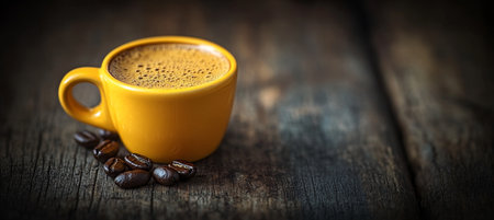 Steaming cup of espresso coffee on vintage wood background , coffee time break concept.の素材