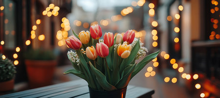 Colorful Tulips Blooming in Spring with Delicate Bokeh for Floral Design or Background.の素材