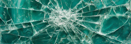 Shattered Green Glass Full Frame Background, Abstract Texture of Broken Safety Glass with Cracks,の素材