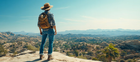 Explorer Embraces the Vast Beauty of a Mountainous Desert Landscape under a Clear Blue Skyの素材