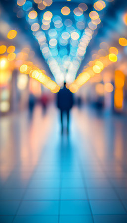 Solitary Figure Walks Through Defocused Hallway with Abstract Colorful Bokeh Light Reflectionsの素材