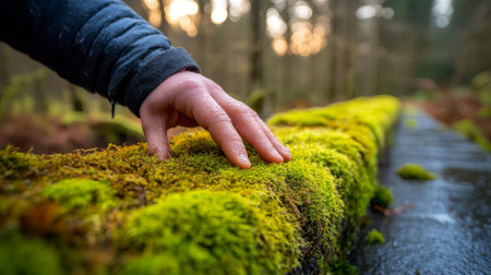 A Mans Hand Explores Vibrant Green Moss Covering a Rustic Woodland Edge at Golden Hourの素材