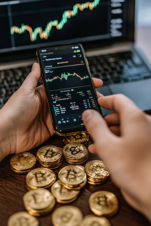 Hands Analyze Cryptocurrency Market Data, Smartphone Displaying Charts, Gold Coins, Upward Trendの素材