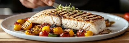 Grilled White Fish Fillet with Roasted Cherry Tomatoes, Herbs, and a Touch of Eleganceの素材