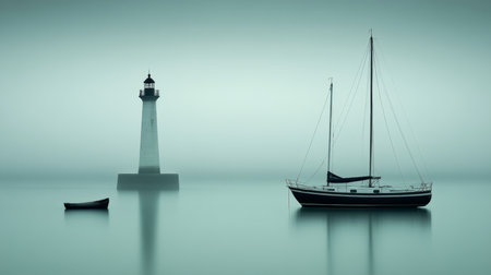 Beacon of Hope, Solitary Sailboat Navigating the Fog, Symbol of Resilience and Navigationの素材