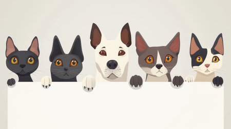 Five Adorable Kittens and Puppy Dog Hanging Paws Over Blank White Web Banner Or Social Media Headerの素材