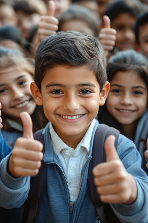 Diverse Group of Happy School Children Giving Thumbs Up, Close Up View with Focus on Front Boyの素材