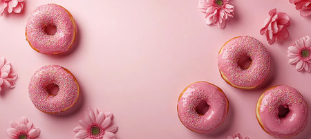 Pink Frosted Donuts and Delicate Blooms A Sweet Treat Arrangement on a Pastel Backgroundの素材