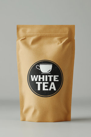 Craft Paper Pouch with White Tea, Sustainable Packaging Mockup on a Minimalist Backgroundの素材