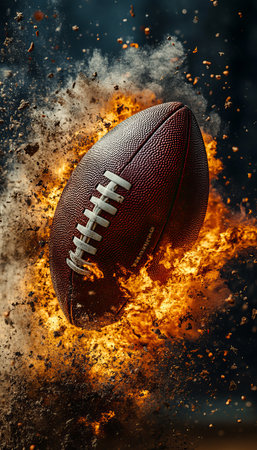 Fiery Football Explosion A close-up of a football engulfed in flames against a dark backgroundの素材