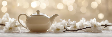 Elegant Tea Time Delicate White Teapot Nestled Among Blooming Cherry Blossoms with a Dreamy Bokehの素材