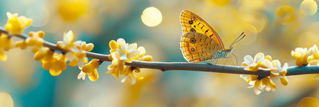 Golden Butterfly on Delicate Yellow Flowers, a Blur of Spring Colors and Bokeh in the Backgroundの素材