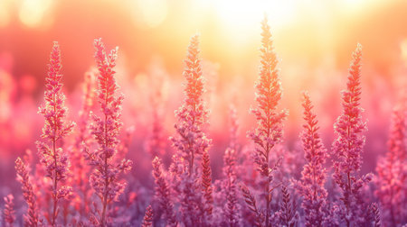 Dreamy Pastel Meadow A Stunning Backdrop of Soft Flowers with Glowing Golden Background at Sundownの素材