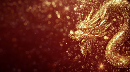 Golden, Crystal Dragon on Red Background for Lunar New Year 2024 with Copy Space Areaの素材