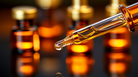 Golden Serum or Oil in Dropper Bottles, Close-Up A Modern Wellness and Beauty Concept.の素材