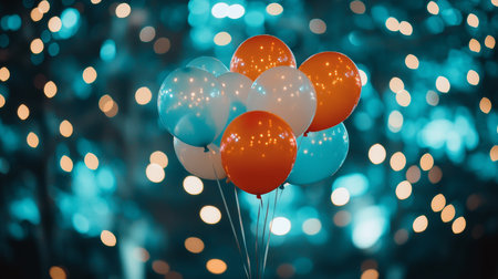 Festive Celebration, Bunch of Orange and Teal Balloons Against a Blurred Bokeh Backgroundの素材