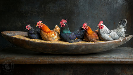 Six Chickens Roosting on a Rustic Wooden Bowl, Variety of Chicken Breeds, Natural, Farmの素材
