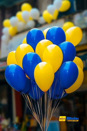 Bunch of Blue and Yellow Balloons Against A Blurry Background Filled With Bokeh Lightsの素材