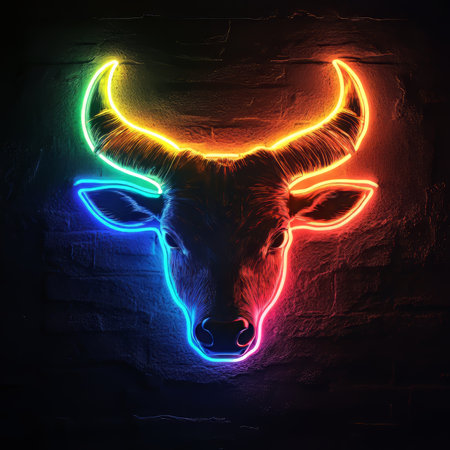 Glowing Rainbow Neon Sign of a Bull Head Mounted on a Textured Wall, Symbol of Strength, Powerの素材