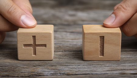 Choice, Contrast, And Decision Making Hand Holding Wooden Cubes With Plus And Minus Symbolの素材