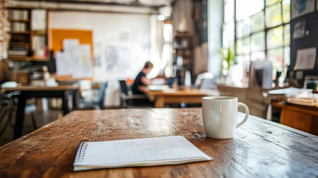 Empty Desk With Coffee Cup And Notebook, Blurred Coworking Space Background In Modern Officeの素材